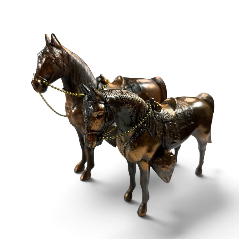 Vintage Bronze Tone Cast Metal Horse Figurines Western Saddle Set of 2